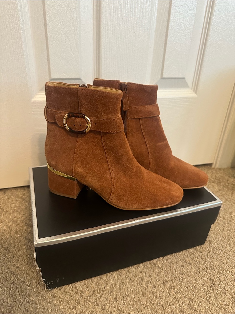 Talbots Suede Ankle Boots with Gold Buckle - Brown